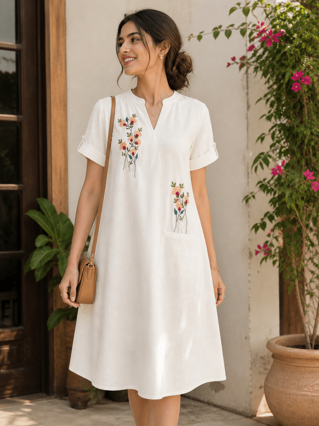Ivory Bloom Khadi Cotton Midi Dress | Peach Floral Embroidery – Womens Kurta on Brown Living™. SKU: NIRA-MIDI-PEACH. Img 2.
