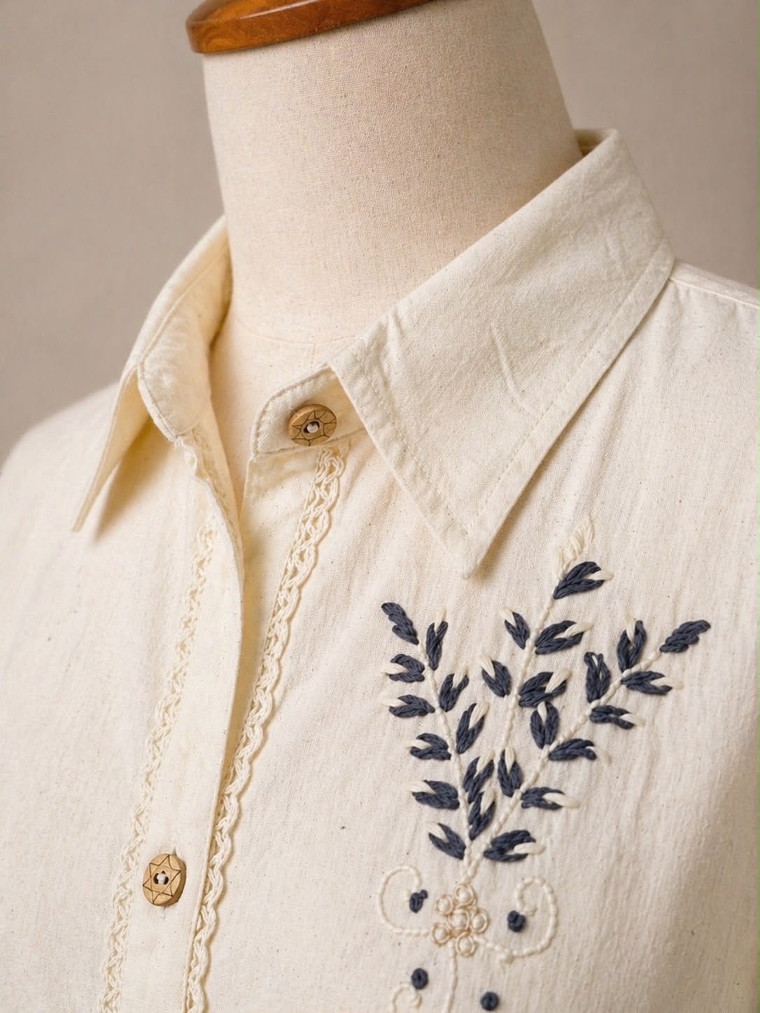Ivory Cotton Embroidered Shirt Black Beads Work – Womens Top on Brown Living™. SKU: Shirt-black-beats. Img 3.