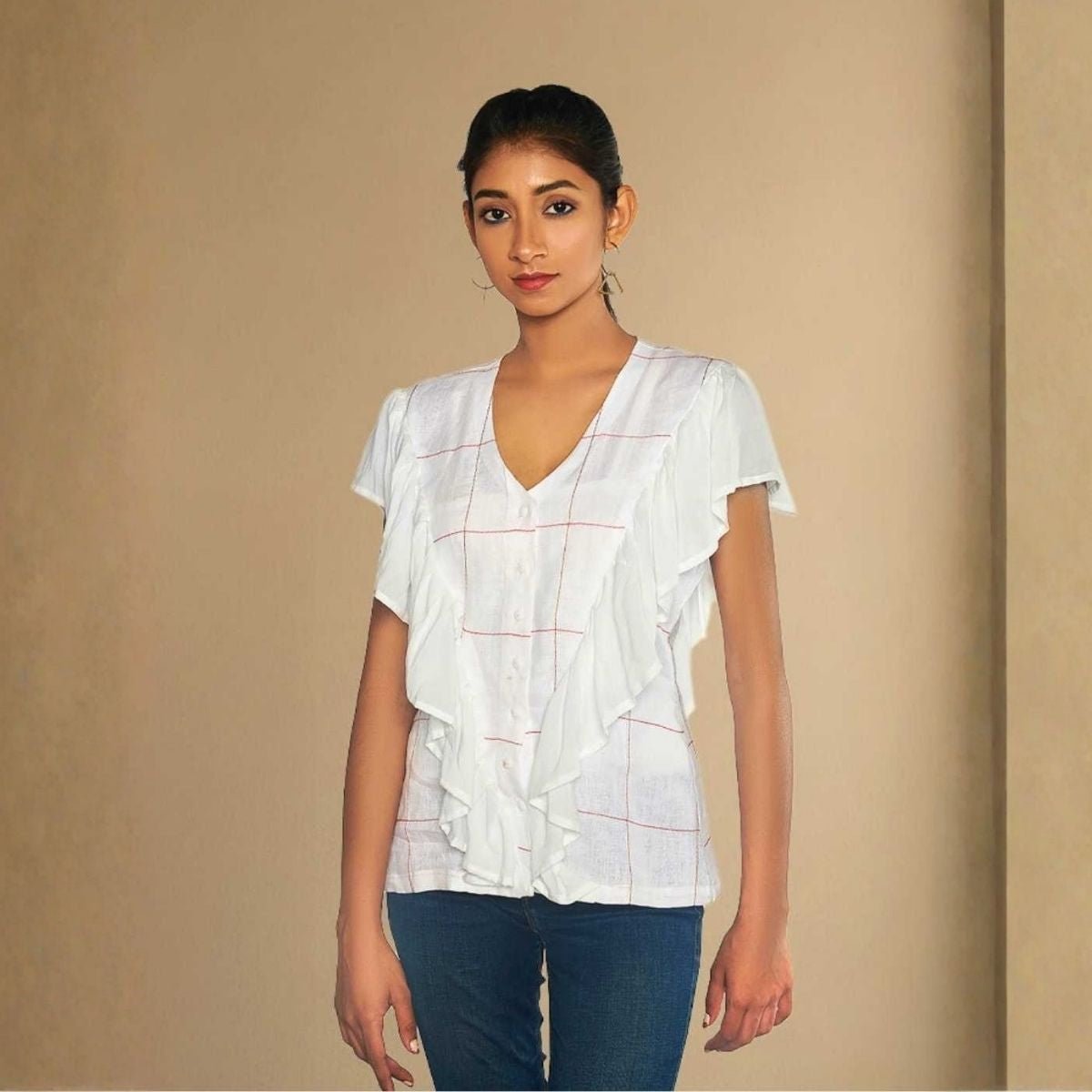 Iyla White Hemp Ruffle Shirt – Womens Shirt on Brown Living™. SKU: JDS4001XS. Img 2.