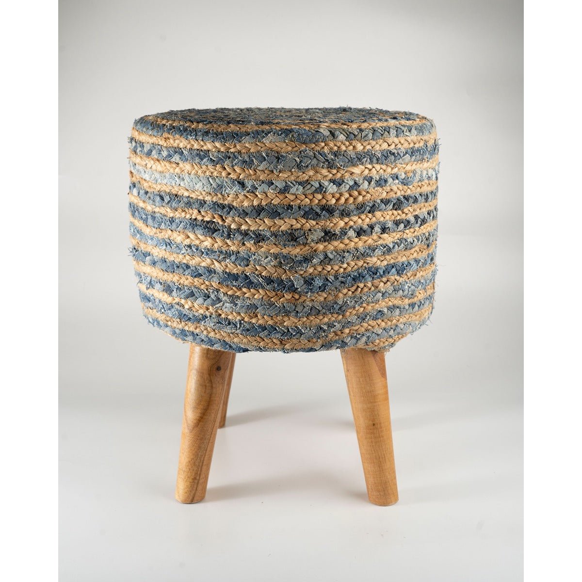 Jute Denim Stool | Blue Beige Handcrafted Wooden Seating – Home Décor on Brown Living™. SKU: ANTBBJDSHH. Img 1.