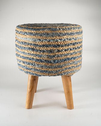 Jute Denim Stool | Blue Beige Handcrafted Wooden Seating – Home Décor on Brown Living™. SKU: ANTBBJDSHH. Img 1.