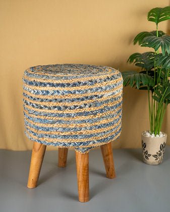 Jute Denim Stool | Blue Beige Handcrafted Wooden Seating – Home Décor on Brown Living™. SKU: ANTBBJDSHH. Img 4.