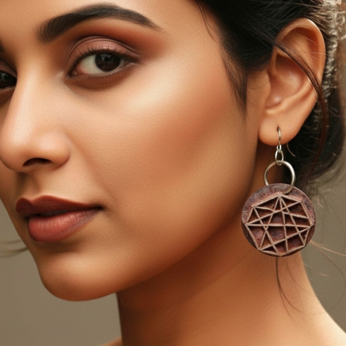 Kaarthika Rekh Wooden Earrings With Wood Block Carving – Jewellery on Brown Living™. SKU: UARKHWJER009. Img 5.