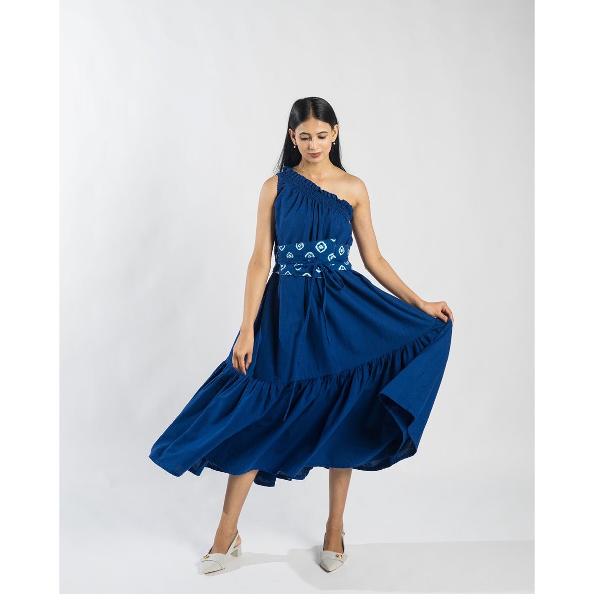 Kala Cotton Handloom Zaffre Midi Dress – Womens Dress on Brown Living™. SKU: KAL-ZAF-XS. Img 1.