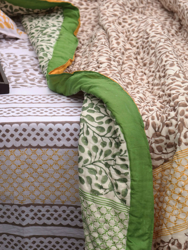 Reversible Hand-Printed Quilt- Luxe Comfort in Green & Yellow