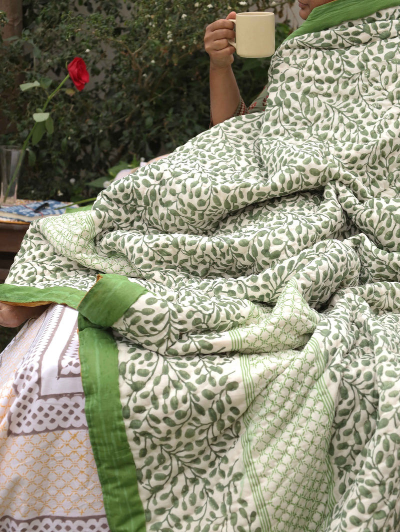 Reversible Hand-Printed Quilt- Luxe Comfort in Green & Yellow