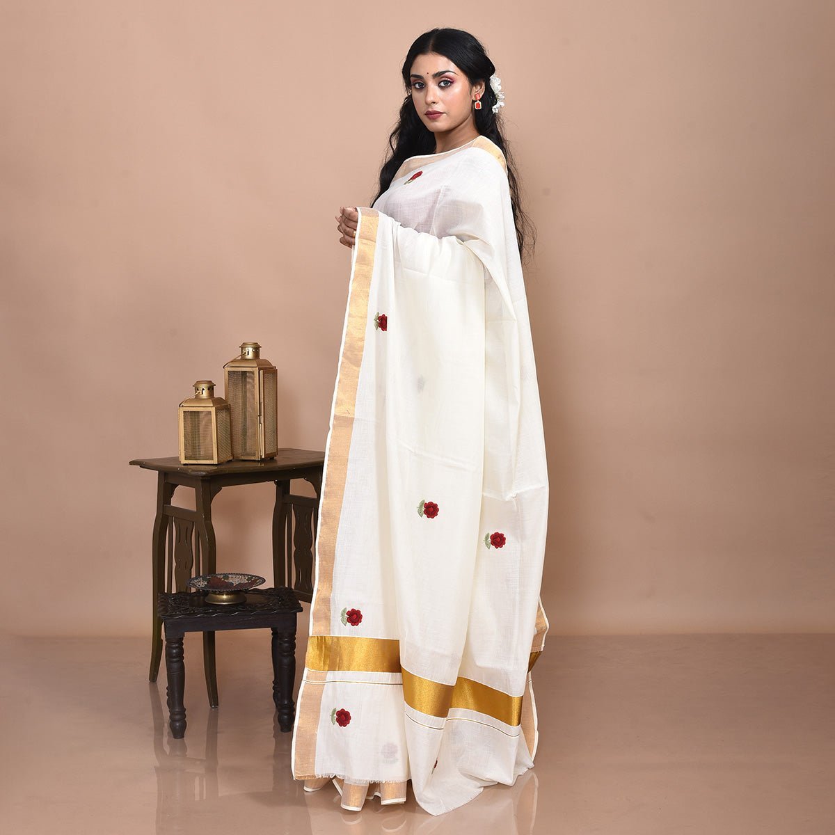 Kerala Cotton Saree with Hand Embroidery – Womens Saree on Brown Living™. SKU: KER-SAR-01. Img 14.