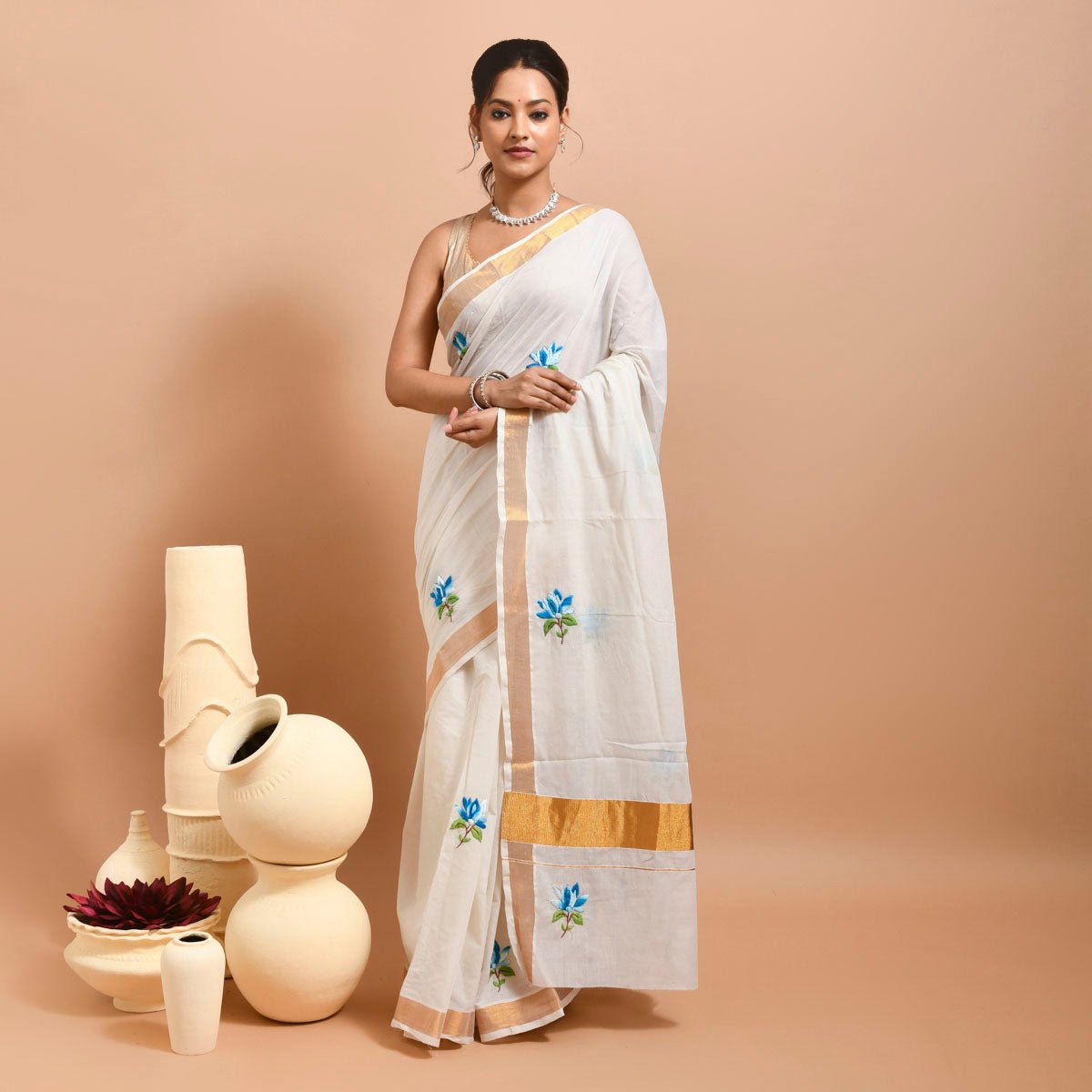 Kerala Cotton Saree with Hand Embroidery – Womens Saree by Stotra available on Brown Living™. Blue Lotus . SKU: KER - SAR - 06. Img 7.