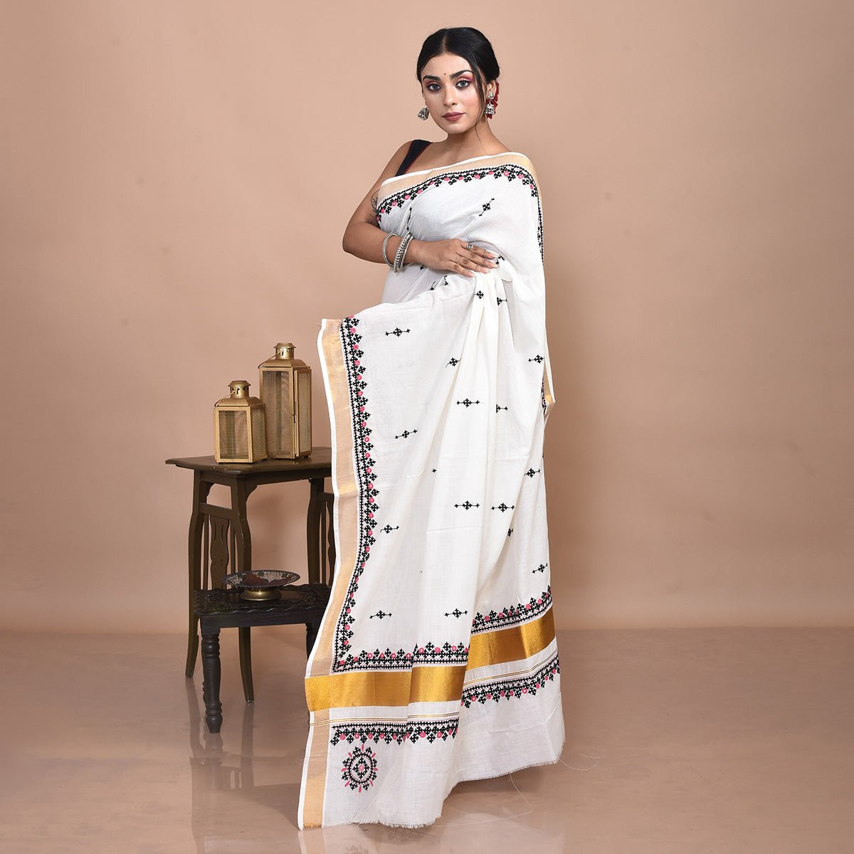 Kerala Cotton Saree with Hand Embroidery – Womens Saree by Stotra available on Brown Living™. Gujrati Design . SKU: KER - SAR - 02. Img 3.