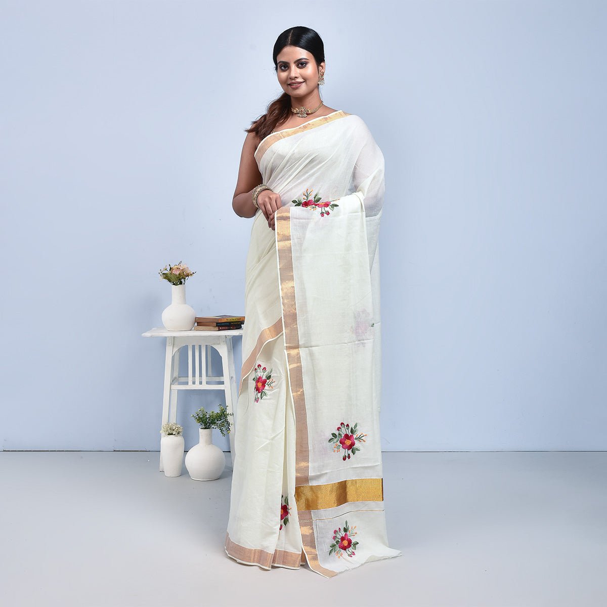 Kerala Cotton Saree with Hand Embroidery – Womens Saree by Stotra available on Brown Living™. Hibiscus . SKU: KER - SAR - 10. Img 11.