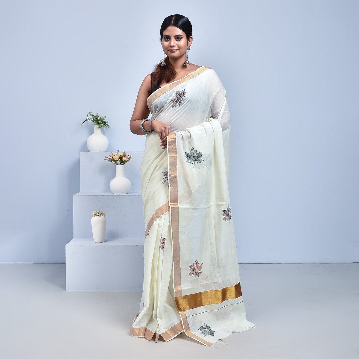 Kerala Cotton Saree with Hand Embroidery – Womens Saree by Stotra available on Brown Living™. Maple Leaf . SKU: KER - SAR - 09. Img 10.
