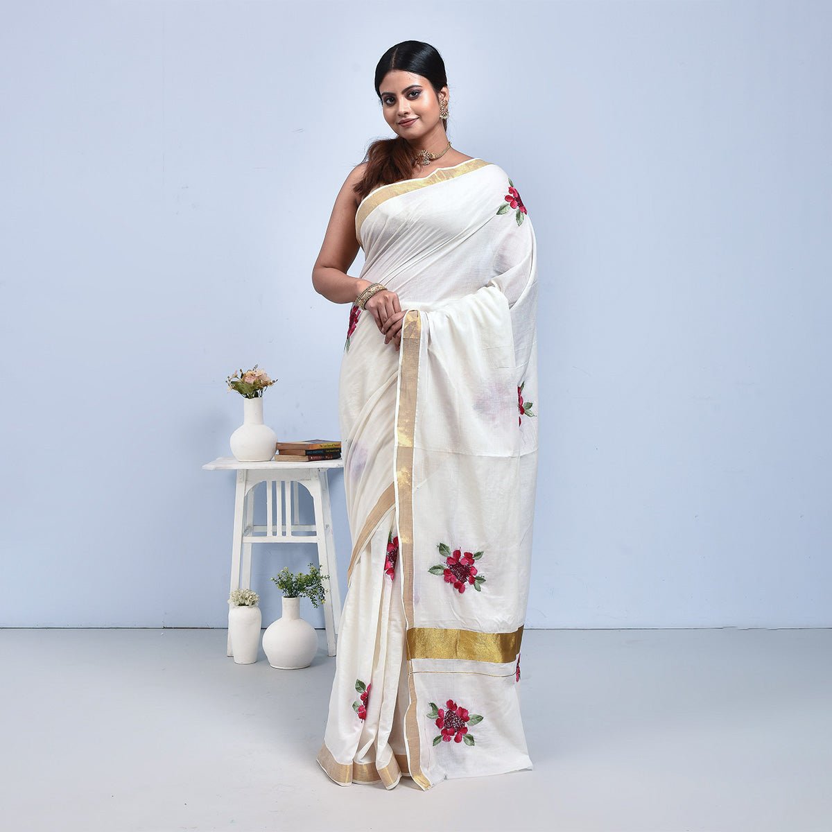 Kerala Cotton Saree with Hand Embroidery – Womens Saree by Stotra available on Brown Living™. Shimul Flower . SKU: KER - SAR - 08. Img 9.