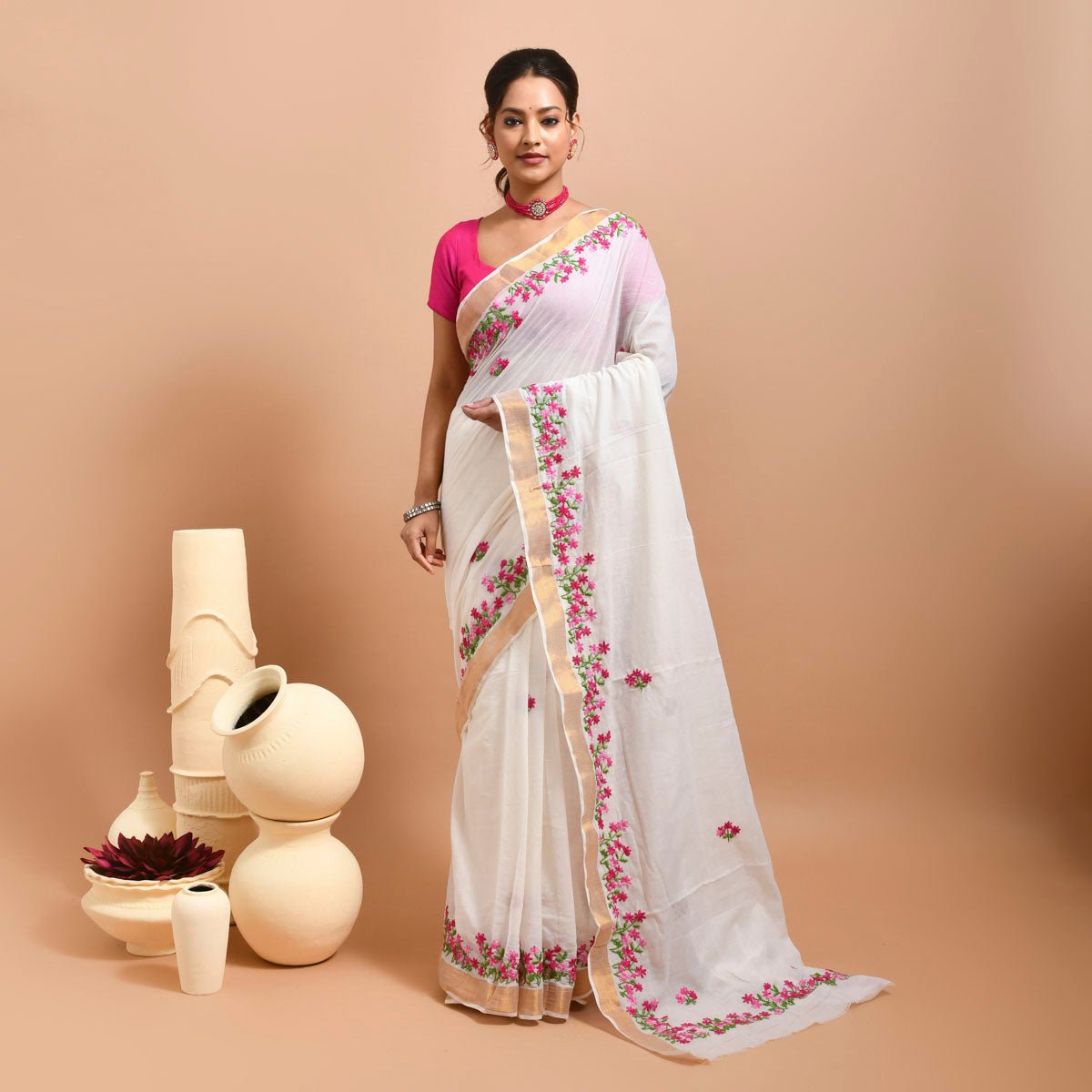 Kerala Cotton Saree with Hand Embroidery – Womens Saree by Stotra available on Brown Living™. Spring Flowers . SKU: KER - SAR - 04. Img 6.