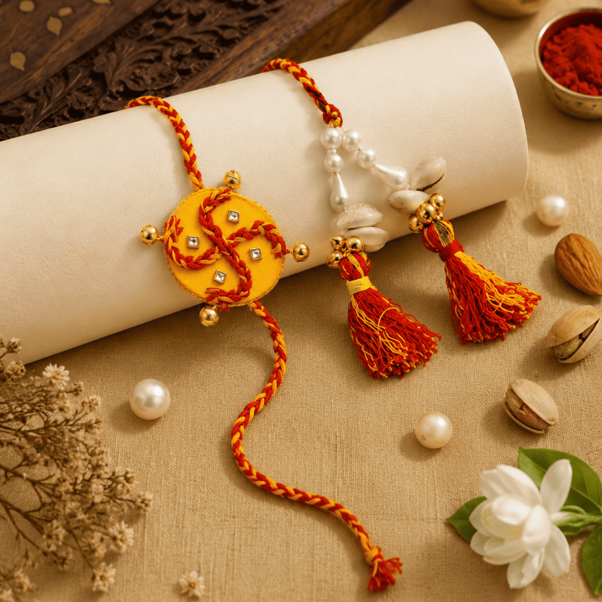 Kesar Swastik Rakhi | Handmade Auspicious Swastik Rakhi – Rakhi on Brown Living™. SKU: AM-RAK-Kesar. Img 4.