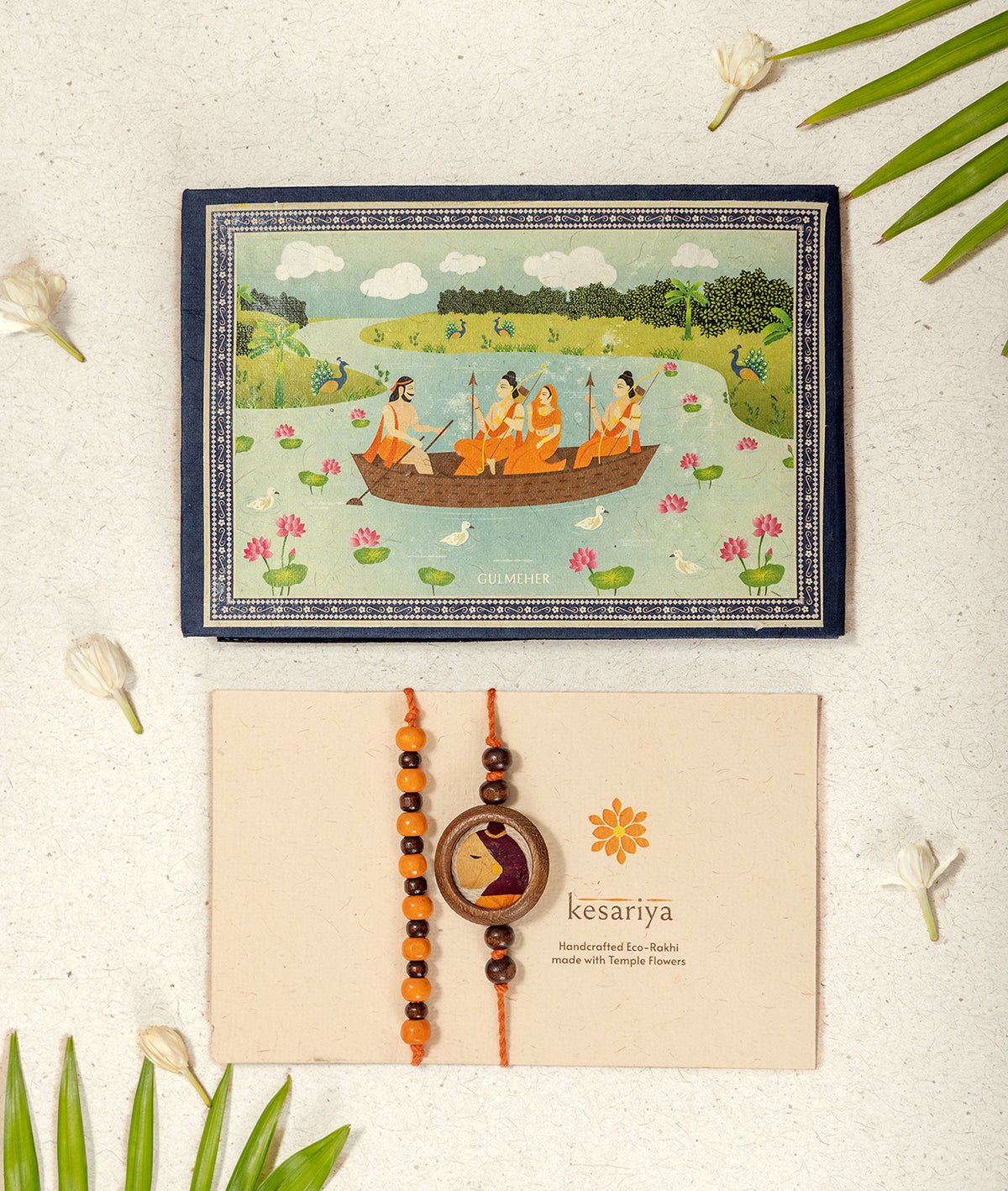 Kesariya Rakhi & Lumba Set | Handmade Bhaiya Bhabhi Rakhi Gift Set – Rakhi on Brown Living™. SKU: GUL-09. Img 4.