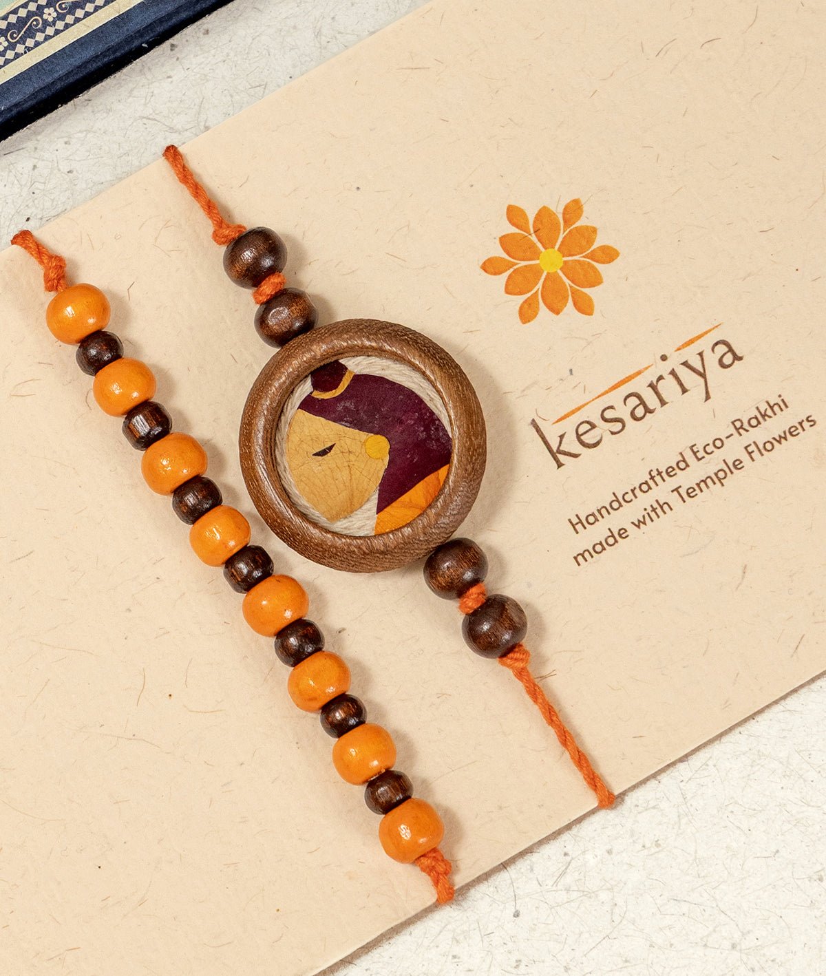 Kesariya Rakhi & Lumba Set | Handmade Bhaiya Bhabhi Rakhi Gift Set – Rakhi on Brown Living™. SKU: GUL-09. Img 2.