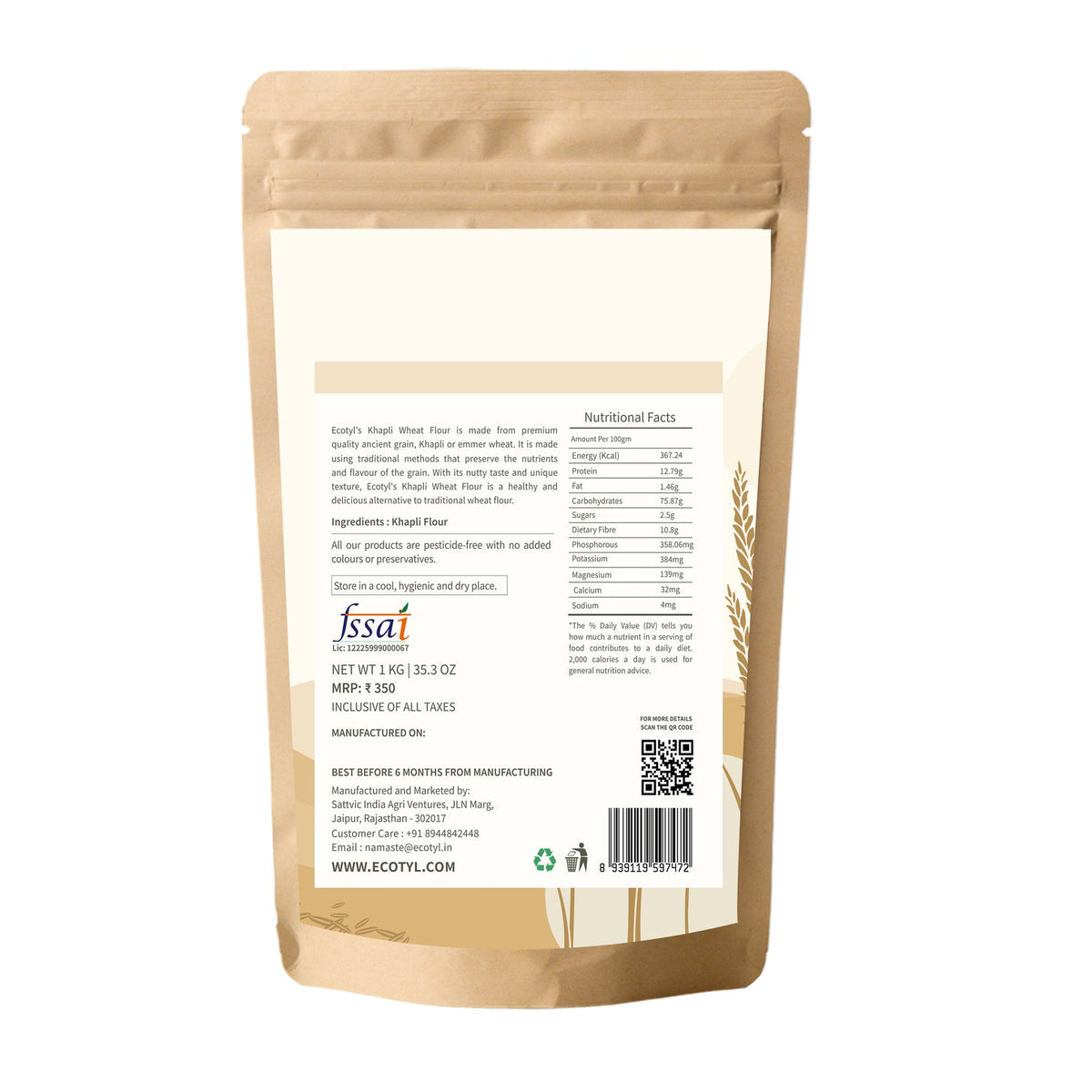 Khapli Atta | Emmer Wheat Flour | 1 kg – Cooking & Baking Supplies on Brown Living™. SKU: ECOTYL00006. Img 6.
