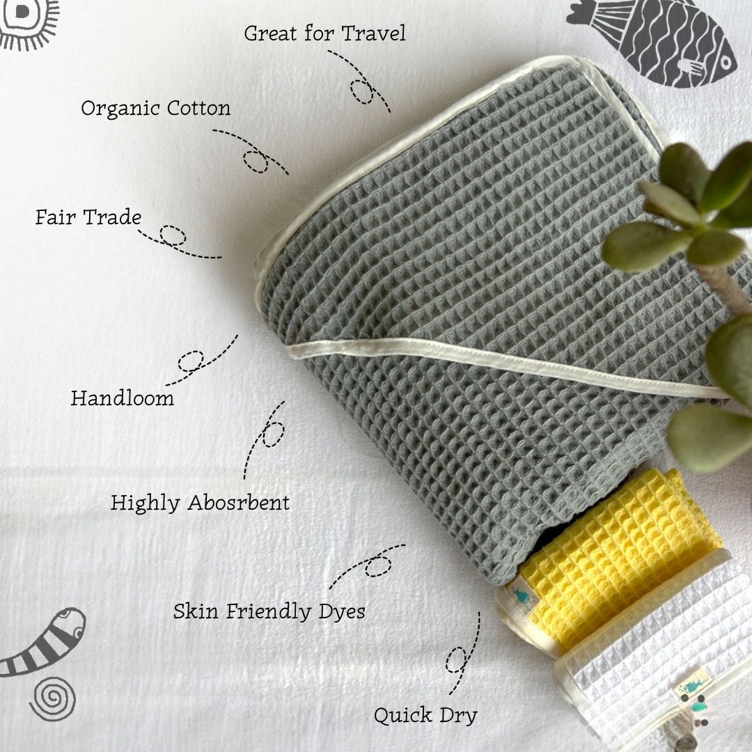 Kids Organic Cotton Waffle Hooded Towel Set – Kids Travel Accessories on Brown Living™. SKU: HOD-TWL-MNT. Img 11.