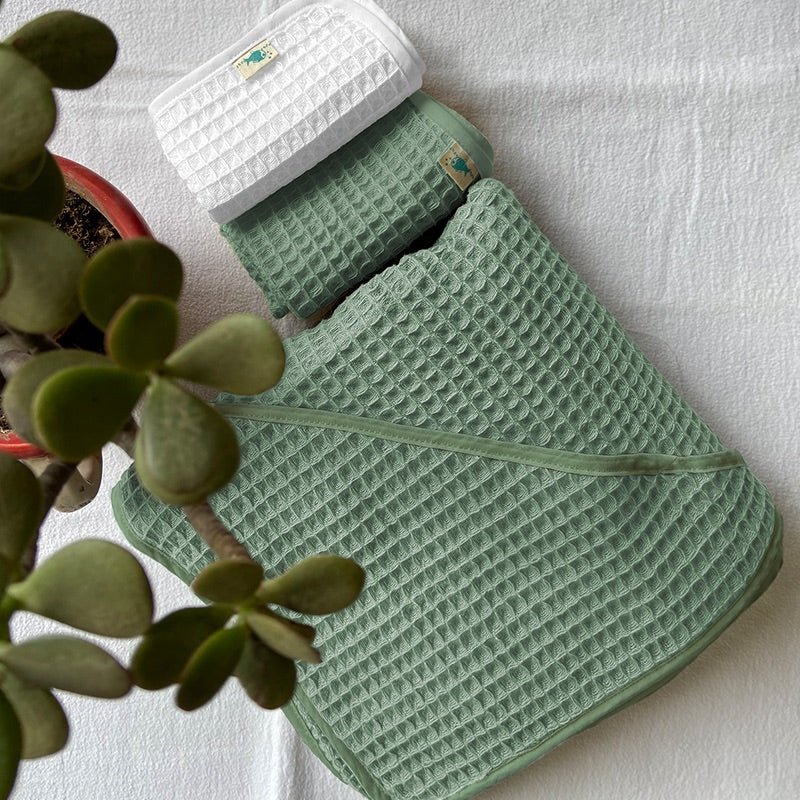 Kids Organic Cotton Waffle Hooded Towel Set – Kids Travel Accessories on Brown Living™. SKU: HOD - TWL - MNT. Img 1.