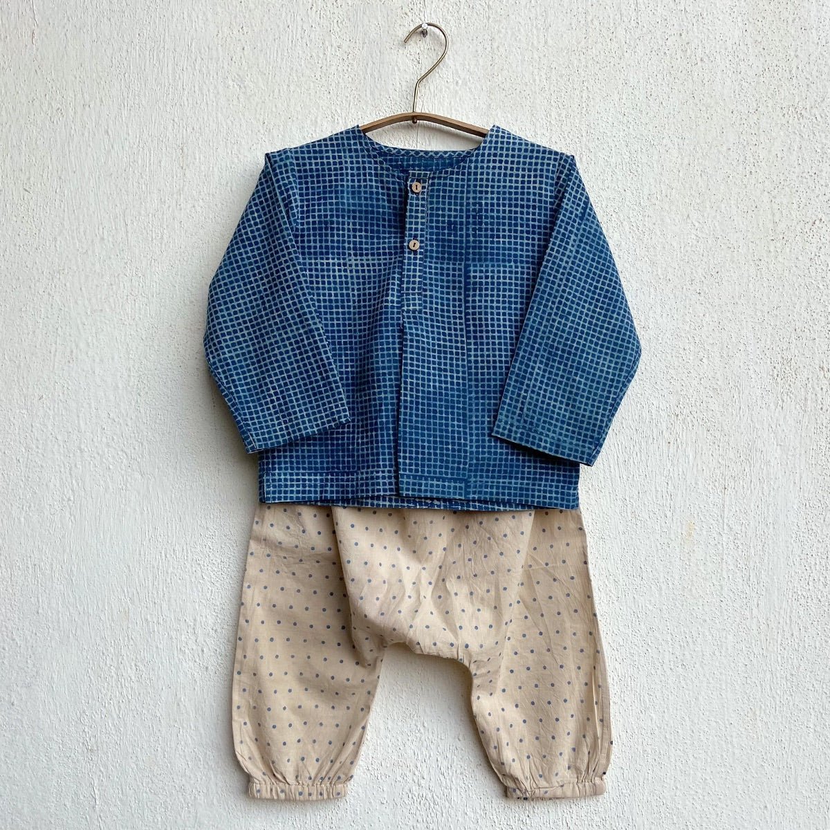 Kids Unisex Organic Cotton Check and Raidana with Raidana Pants - Indigo – Kids Ethnic Sets on Brown Living™. SKU: ING - CHKRAI - COMBOKURPJ - 69 - 0322. Img 3.