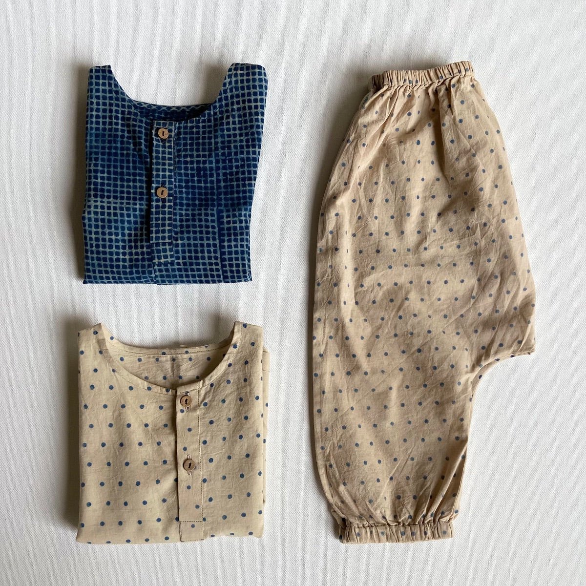 Kids Unisex Organic Cotton Check and Raidana with Raidana Pants - Indigo – Kids Ethnic Sets on Brown Living™. SKU: ING - CHKRAI - COMBOKURPJ - 69 - 0322. Img 1.