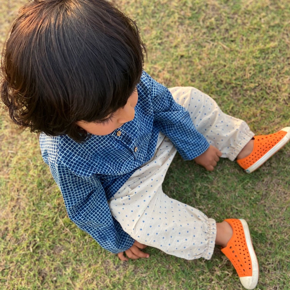Kids Unisex Organic Cotton Check and Raidana with Raidana Pants - Indigo – Kids Ethnic Sets on Brown Living™. SKU: ING - CHKRAI - COMBOKURPJ - 69 - 0322. Img 5.