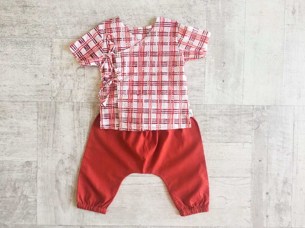 Kids Unisex Organic Cotton Checks Print Angarakha Top and Red Pants – Kids Daywear Sets on Brown Living™. SKU: CHK - RED - ANGPYJ1. Img 1.