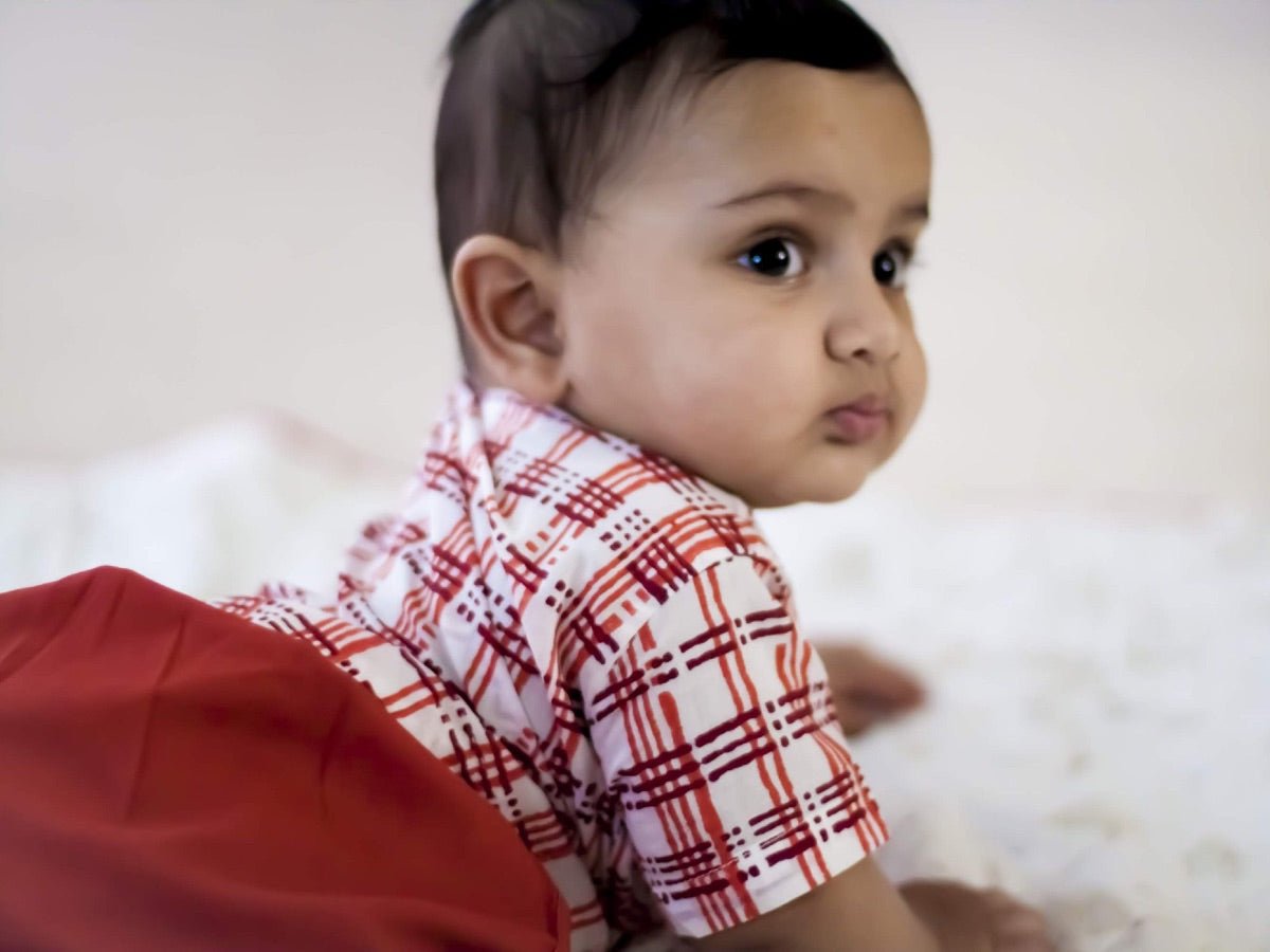 Kids Unisex Organic Cotton Checks Print Angarakha Top and Red Pants – Kids Daywear Sets on Brown Living™. SKU: CHK - RED - ANGPYJ1. Img 4.