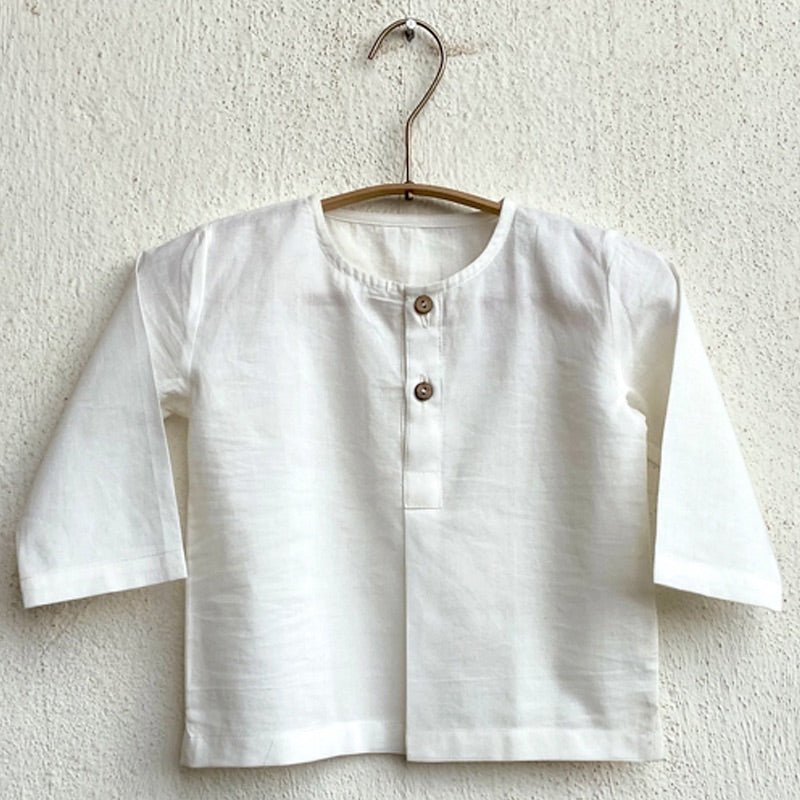 Kids Unisex Organic Cotton Essential White Kurta and Blue Chambray Pants – Kids Daywear Sets on Brown Living™. SKU: WWE - WHTCHM - KURPYJ - 69 - 0522. Img 3.