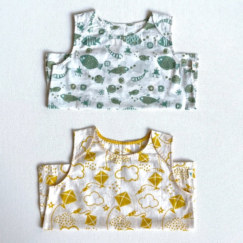 Kids Unisex Organic Cotton Koi Jhabla Bag - Patang and Mint Koi – Kids Daywear Sets on Brown Living™. SKU: KOIPAT - YWLMNT - COMBOJHB - NB - 0322. Img 1.