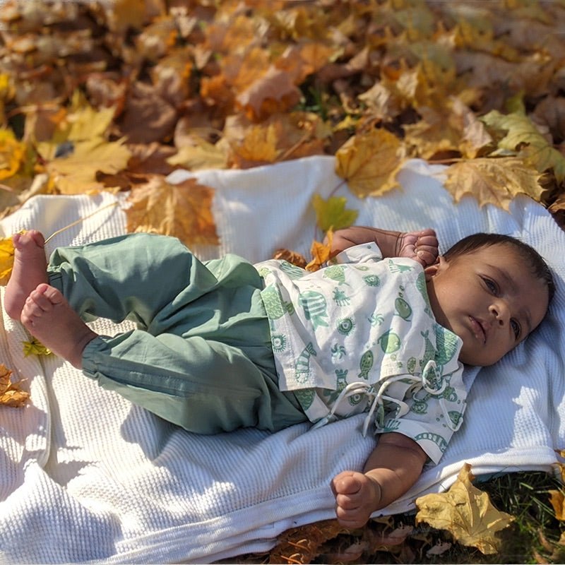 Kids Unisex Organic Cotton Koi Mint and White Angarakha with Pants – Kids Daywear Sets on Brown Living™. SKU: KOI - COMBO - MNTWHT - ANGPJ - 03 - 0322. Img 3.