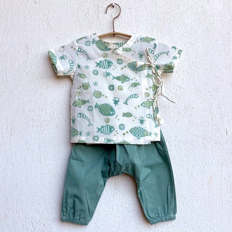 Kids Unisex Organic Cotton Koi Mint and White Angarakha with Pants – Kids Daywear Sets on Brown Living™. SKU: KOI - COMBO - MNTWHT - ANGPJ - 03 - 0322. Img 1.