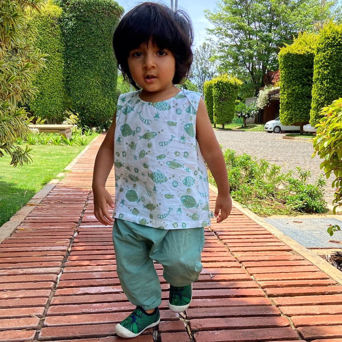 Kids Unisex Organic Cotton Koi Mint Jhabla with Mint Pants – Kids Daywear Sets on Brown Living™. SKU: KOI - MNT - JHBPJ - 03 - 0322. Img 2.