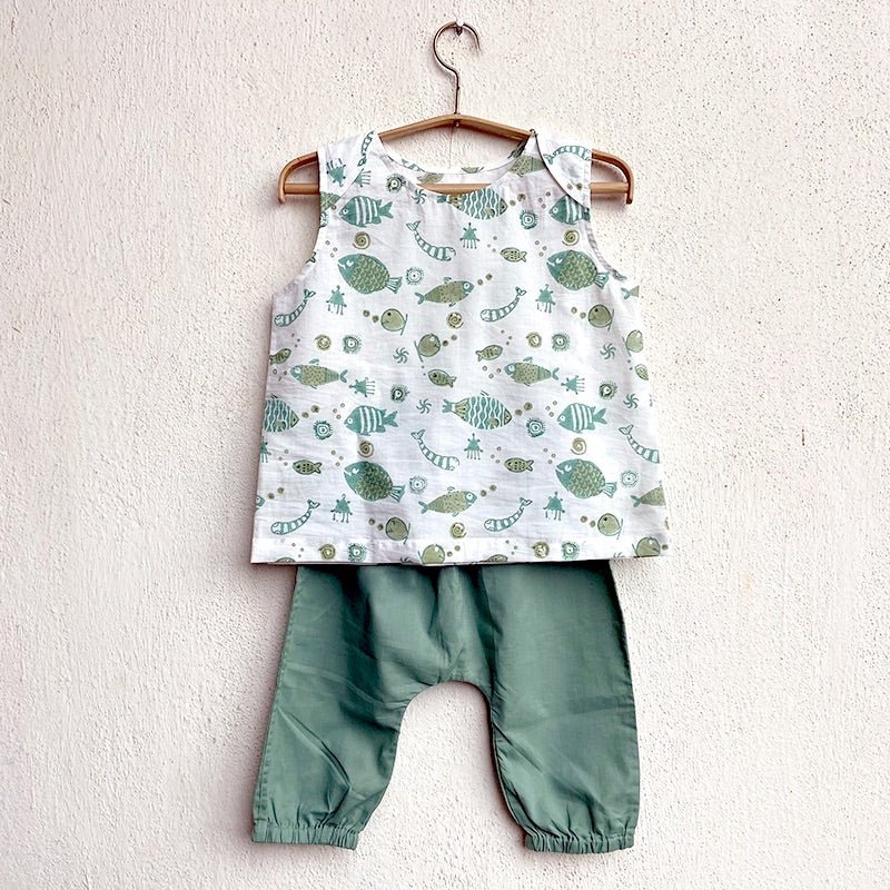 Kids Unisex Organic Cotton Koi Mint Jhabla with Mint Pants – Kids Daywear Sets on Brown Living™. SKU: KOI - MNT - JHBPJ - 03 - 0322. Img 1.