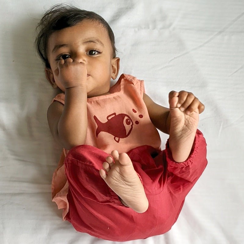 Kids Unisex Organic Cotton Koi Peach Jhabla with Red Pants – Kids Daywear Sets on Brown Living™. SKU: KOI - PCHRED - JHBPJ - 03 - 0322. Img 1.