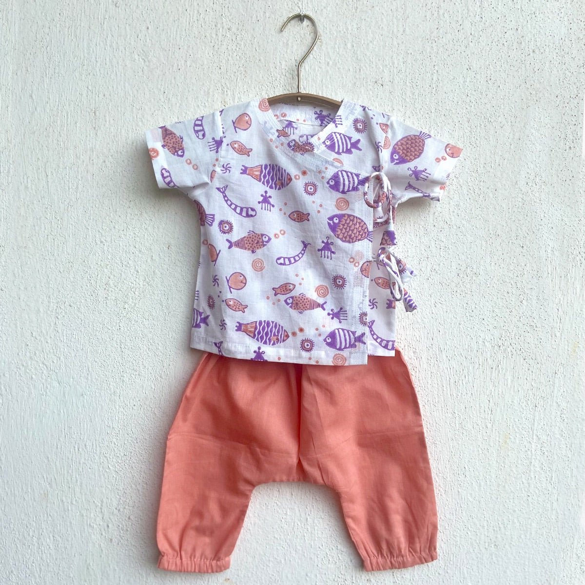 Kids Unisex Organic Cotton Koi Peach Print Angrakha Top and Pants – Kids Daywear Sets on Brown Living™. SKU: KOI - PCH - ANGPJ - 03 - 0422. Img 1.