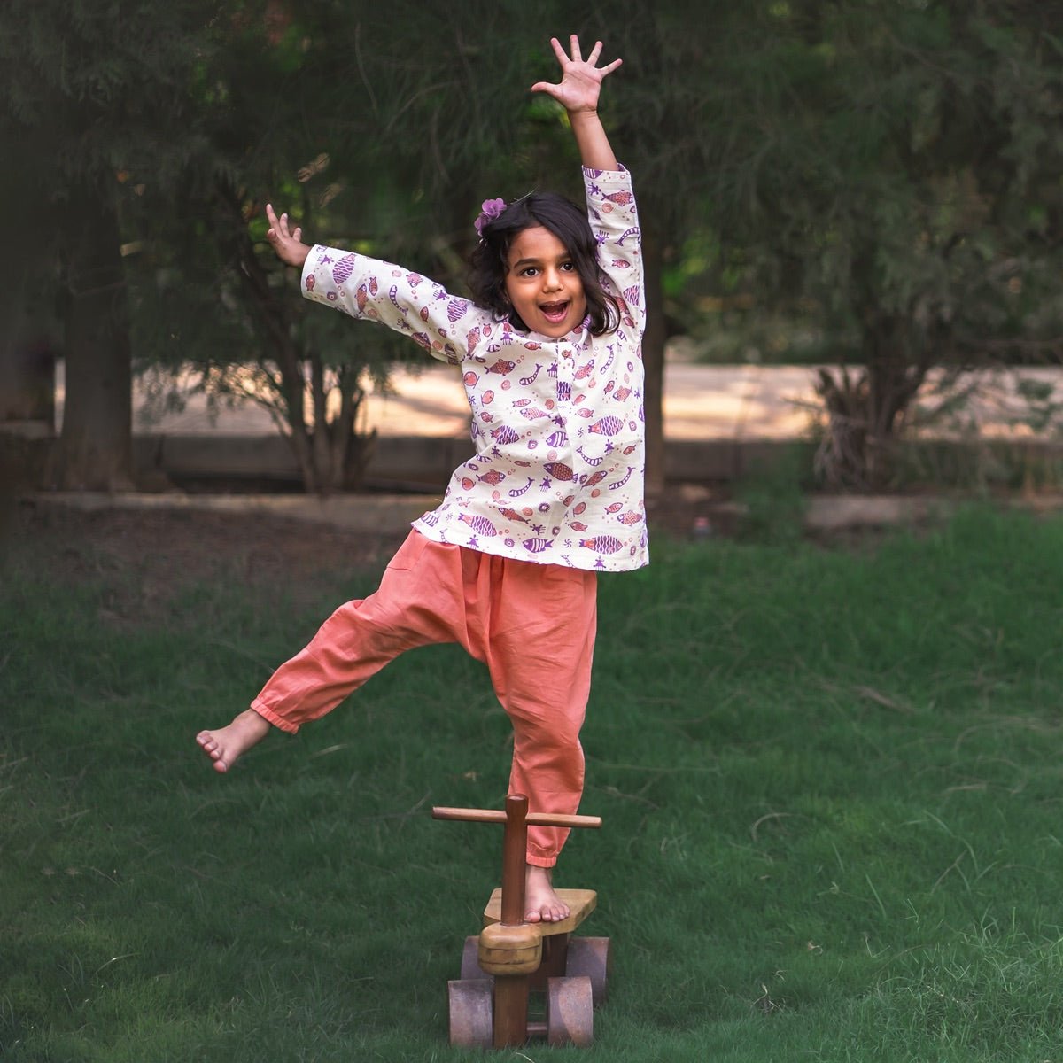 Kids Unisex Organic Cotton Koi Peach Print Kurta and Pants – Kids Daywear Sets on Brown Living™. SKU: KOI - PCH - KURPJ - 69 - 0422. Img 1.
