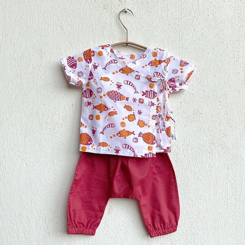 Kids Unisex Organic Cotton Koi Red Angarakha and Matching Pants – Kids Daywear Sets on Brown Living™. SKU: KOI - RED - ANGPJ - 03 - 0322. Img 1.
