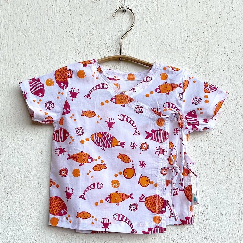 Kids Unisex Organic Cotton Koi Red Angarakha and Matching Pants – Kids Daywear Sets on Brown Living™. SKU: KOI - RED - ANGPJ - 03 - 0322. Img 3.