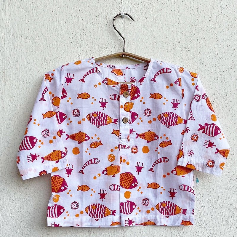 Kids Unisex Organic Cotton Koi Red Kurta and Matching Pants – Kids Daywear Sets on Brown Living™. SKU: KOI - RED - KURPJ - 69 - 0322. Img 2.