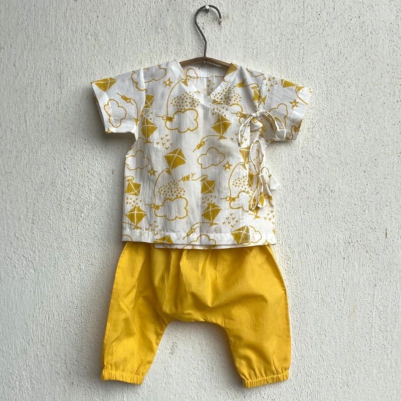 Kids Unisex Organic Cotton Patang Angarakha with Yellow Pants – Kids Daywear Sets on Brown Living™. SKU: PAT - YWL - ANGPJ - 03 - 0322. Img 1.