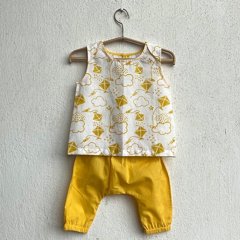 Kids Unisex Organic Cotton Patang Jhabla with Yellow Pants – Kids Daywear Sets on Brown Living™. SKU: PAT - YWL - JHBPJ - 03 - 0322. Img 1.