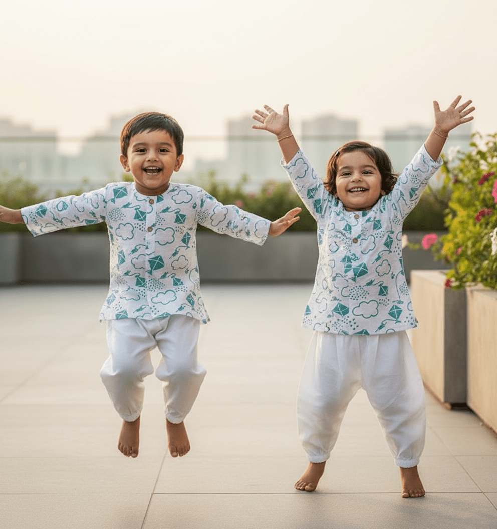 Kids Unisex Organic Cotton Patang Kurta set – Kids Daywear Sets on Brown Living™. SKU: PAT-TEA-KURPJ-23. Img 10.