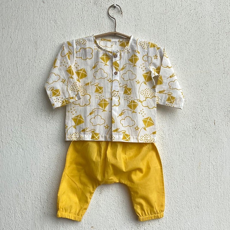 Kids Unisex Organic Cotton Patang Kurta with Yellow Pants – Kids Daywear Sets on Brown Living™. SKU: PAT - YWL - KURPJ - 69 - 0322. Img 1.