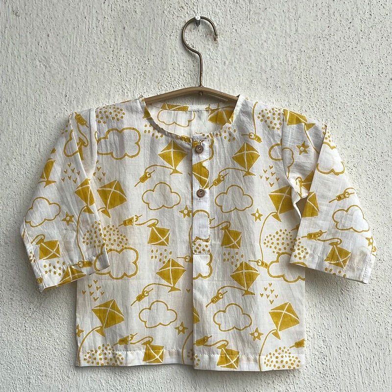Kids Unisex Organic Cotton Patang Kurta with Yellow Pants – Kids Daywear Sets on Brown Living™. SKU: PAT - YWL - KURPJ - 69 - 0322. Img 4.