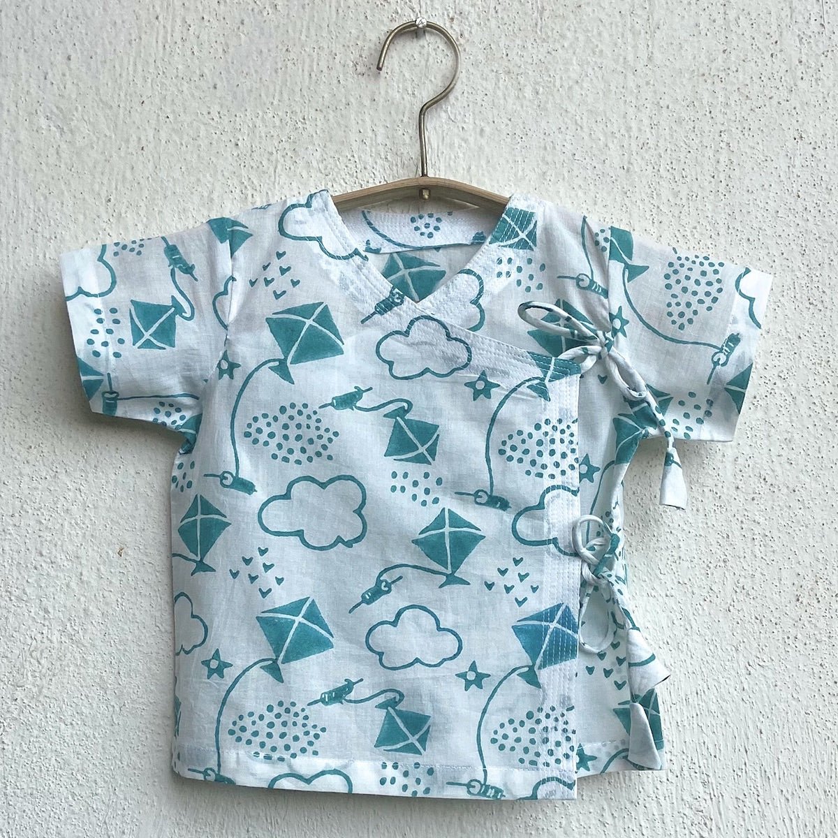 Kids Unisex Organic Cotton Patang Teal Angarakha Top and White Pants – Kids Daywear Sets on Brown Living™. SKU: PAT - TELWHT - ANGPJ - 032953. Img 2.
