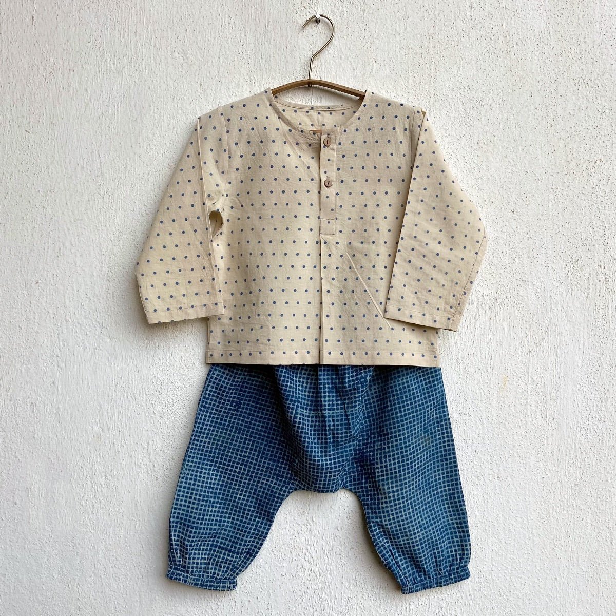 Kids Unisex Organic Cotton Raidana Kurta and Check Pants - Indigo – Kids Ethnic Sets on Brown Living™. SKU: IND - RAICHK - KURPJ - 69 - 0322. Img 1.