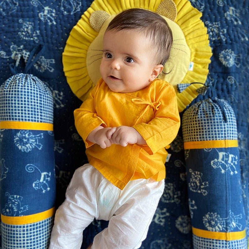 Kids Unisex Organic Cotton Yellow Angrakha and White Pants – Kids Ethnic Sets on Brown Living™. SKU: WWE - YLOWHT - ANGPJ - 03 - 0322. Img 2.