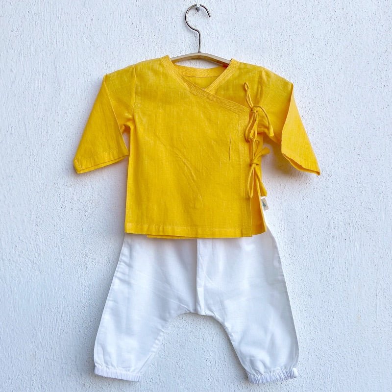 Kids Unisex Organic Cotton Yellow Angrakha and White Pants – Kids Ethnic Sets on Brown Living™. SKU: WWE - YLOWHT - ANGPJ - 03 - 0322. Img 1.