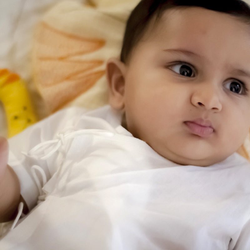 Kids Unisex Organic Newborn Jabla– Indigo Zoo + White Ajrakh – Kids Daywear Sets on Brown Living™. SKU: ZOOWHT-COMBOANG-NB. Img 4.